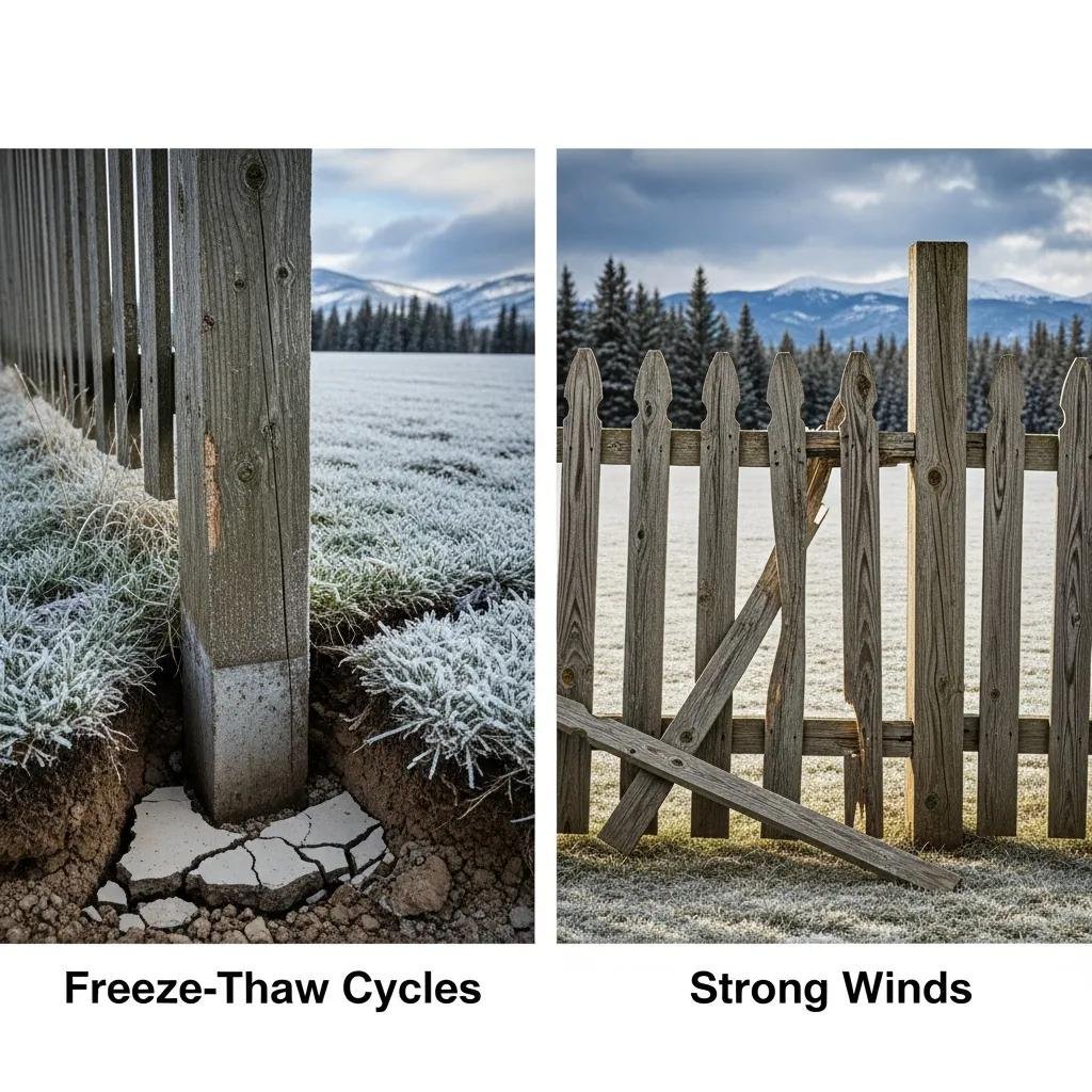 Diagram showing freeze‑thaw and wind effects on fence posts and panels in Calgary
