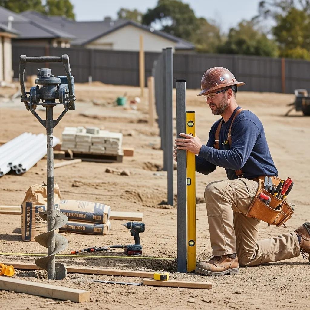 Professional fence builder inspecting a construction site, showcasing trusted qualities in fence building