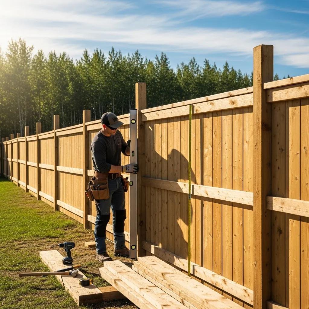 Professional fence builder working on a wooden fence in Alberta's residential backyard