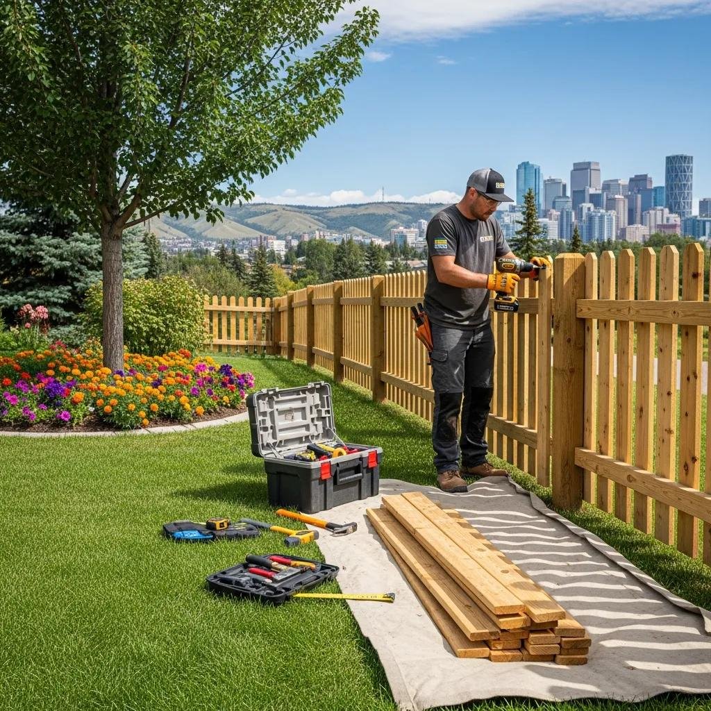 Professional fence installation in Calgary with a contractor working on a wooden fence in a residential yard