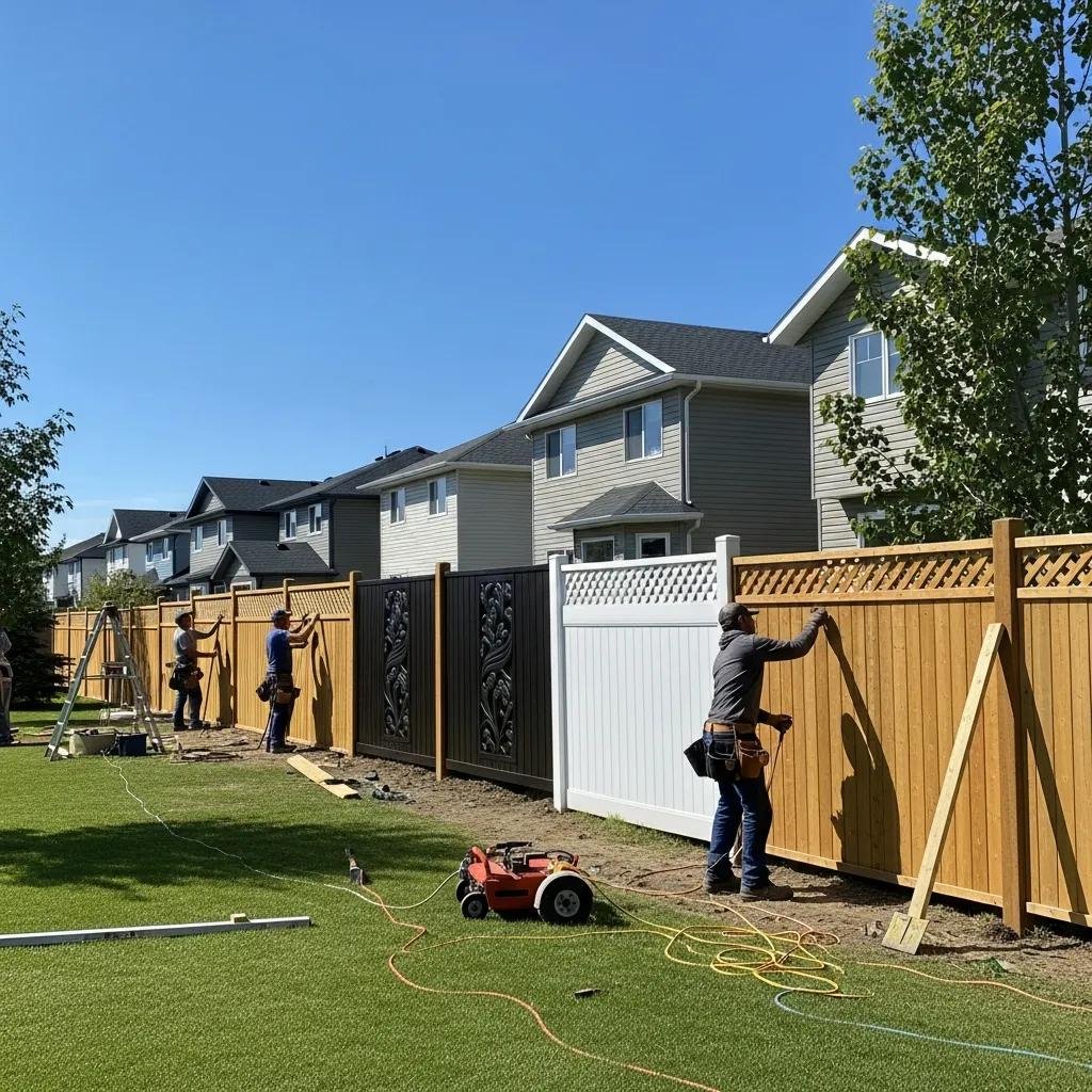 Residential fence installation in Alberta showcasing various styles and materials in a sunny outdoor setting
