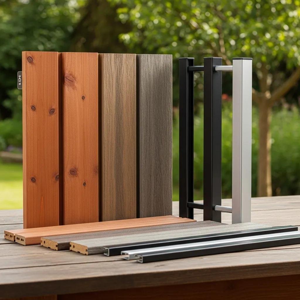 Samples of fence materials—cedar, composite, and metal—shown side by side for comparison