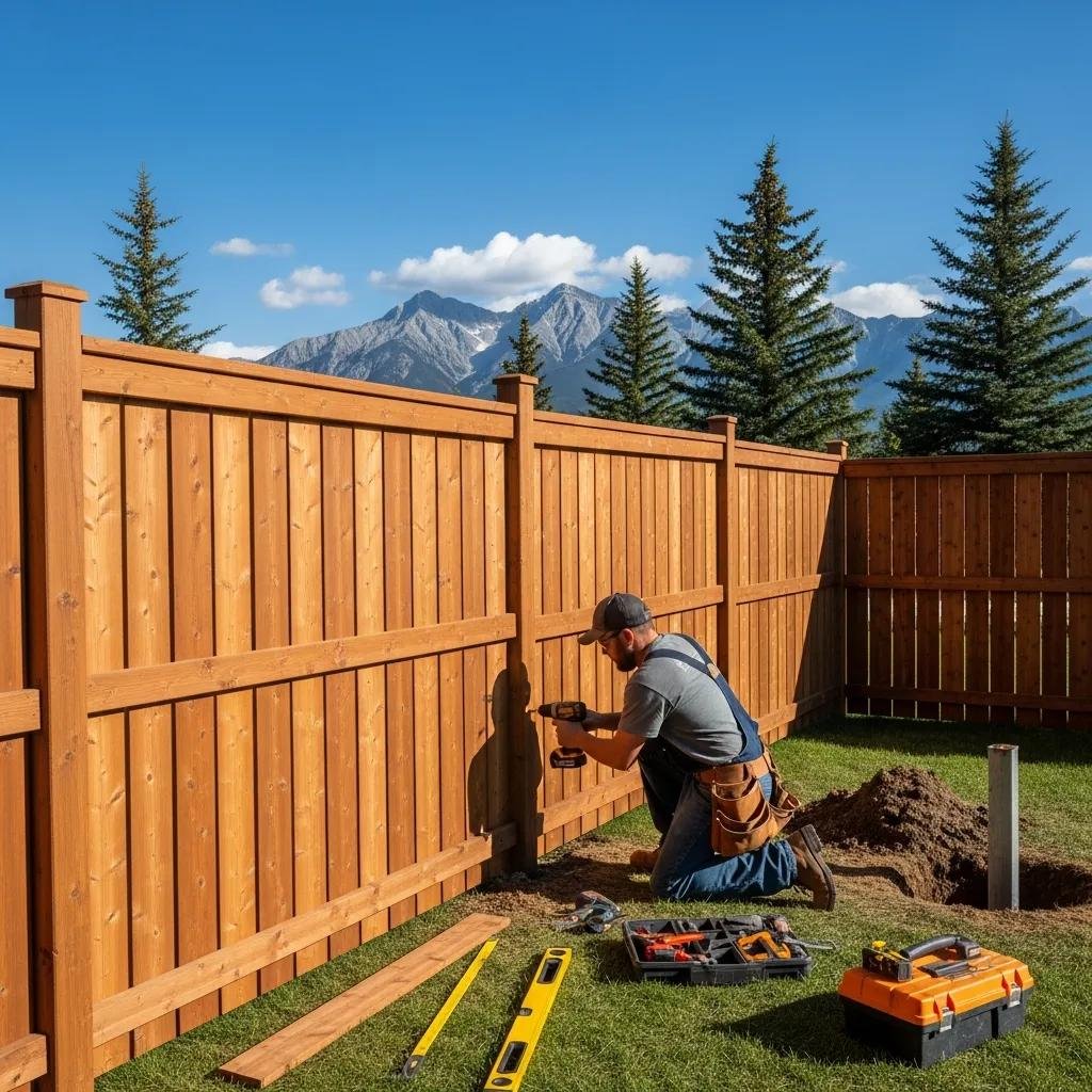 Wooden fence installation in Calgary backyard with contractor and Alberta landscape