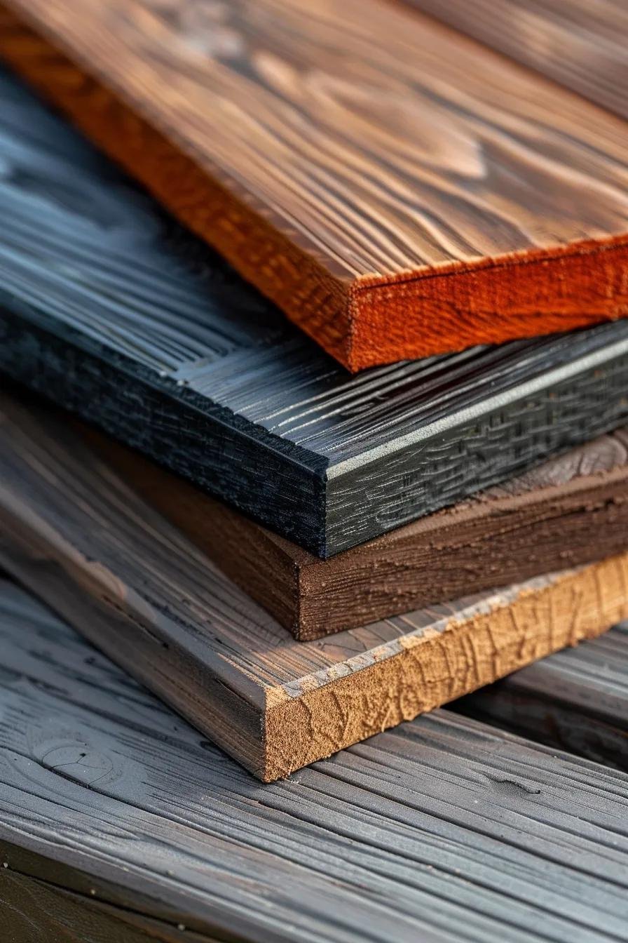 Samples of treated wood and composite deck boards shown close-up