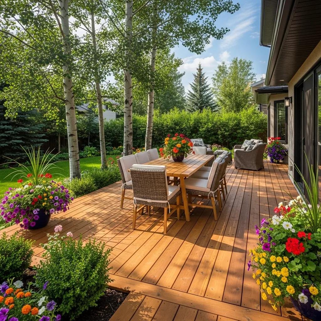 Beautiful wooden deck in a Calgary backyard with stylish furniture and greenery