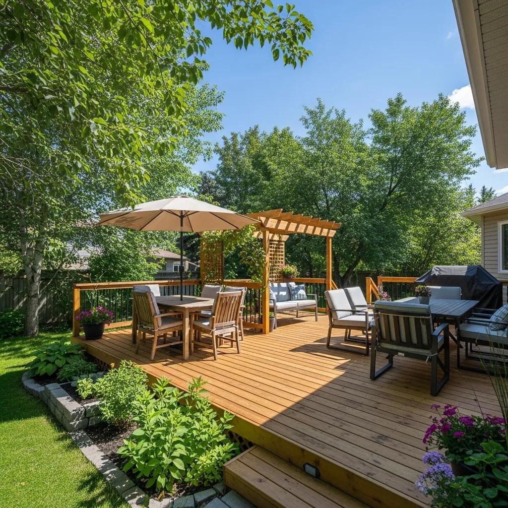 Beautifully constructed wooden deck in a Calgary backyard, showcasing outdoor living space
