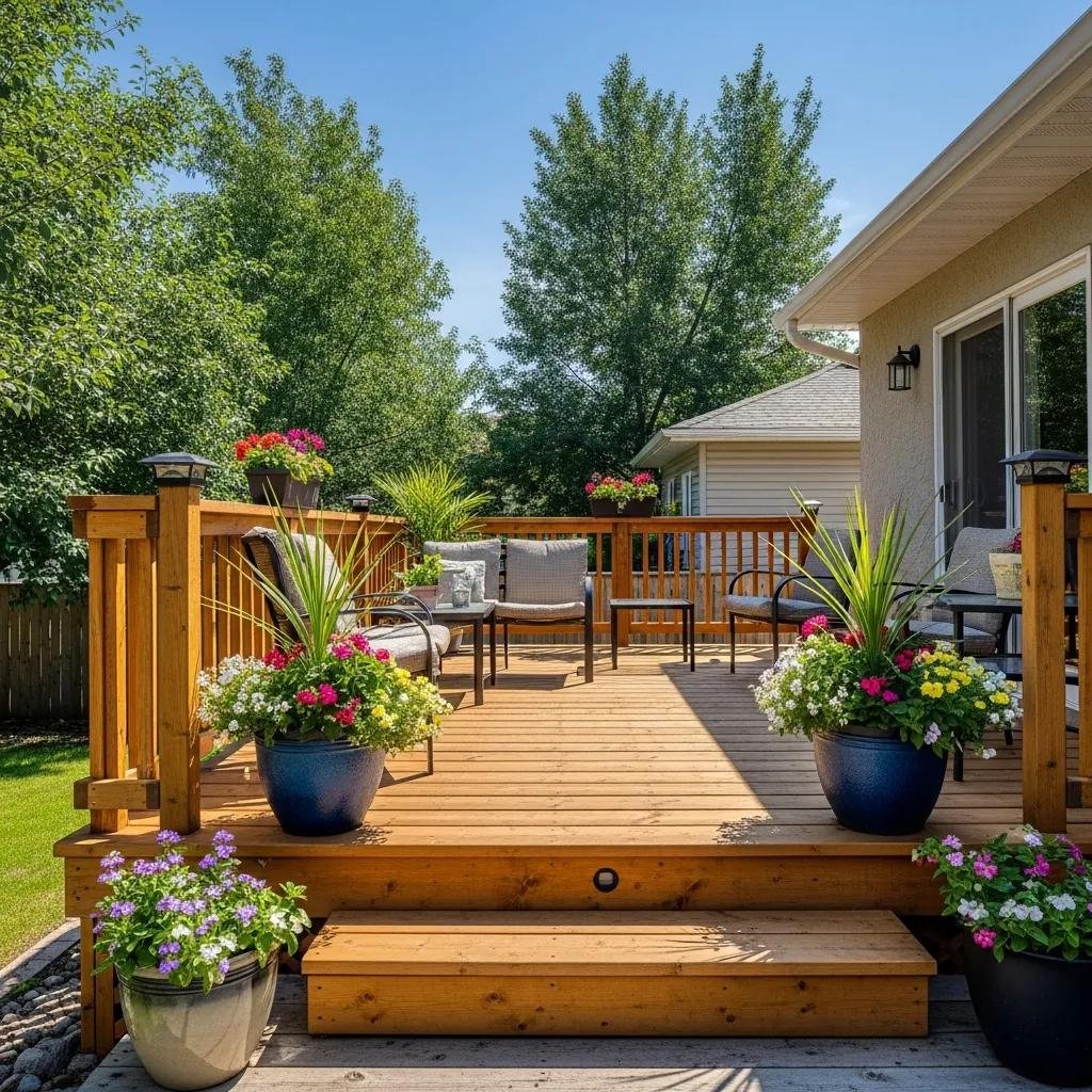 Wooden backyard deck in Calgary with outdoor seating and plants