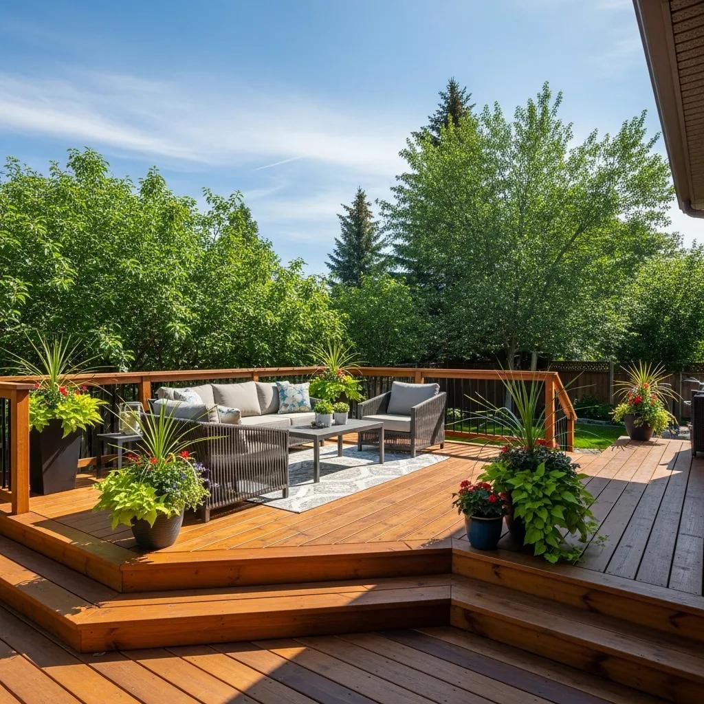 Handcrafted wooden deck in a Calgary backyard with comfortable seating and surrounding greenery