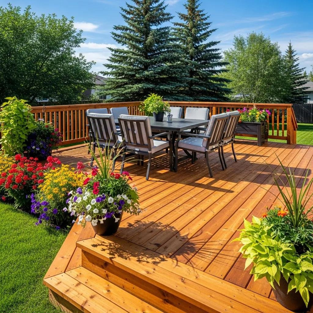 Beautifully maintained wooden deck in Calgary with outdoor furniture and greenery