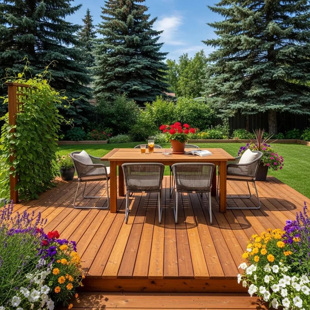 Beautifully restored wooden deck in Calgary backyard with outdoor furniture