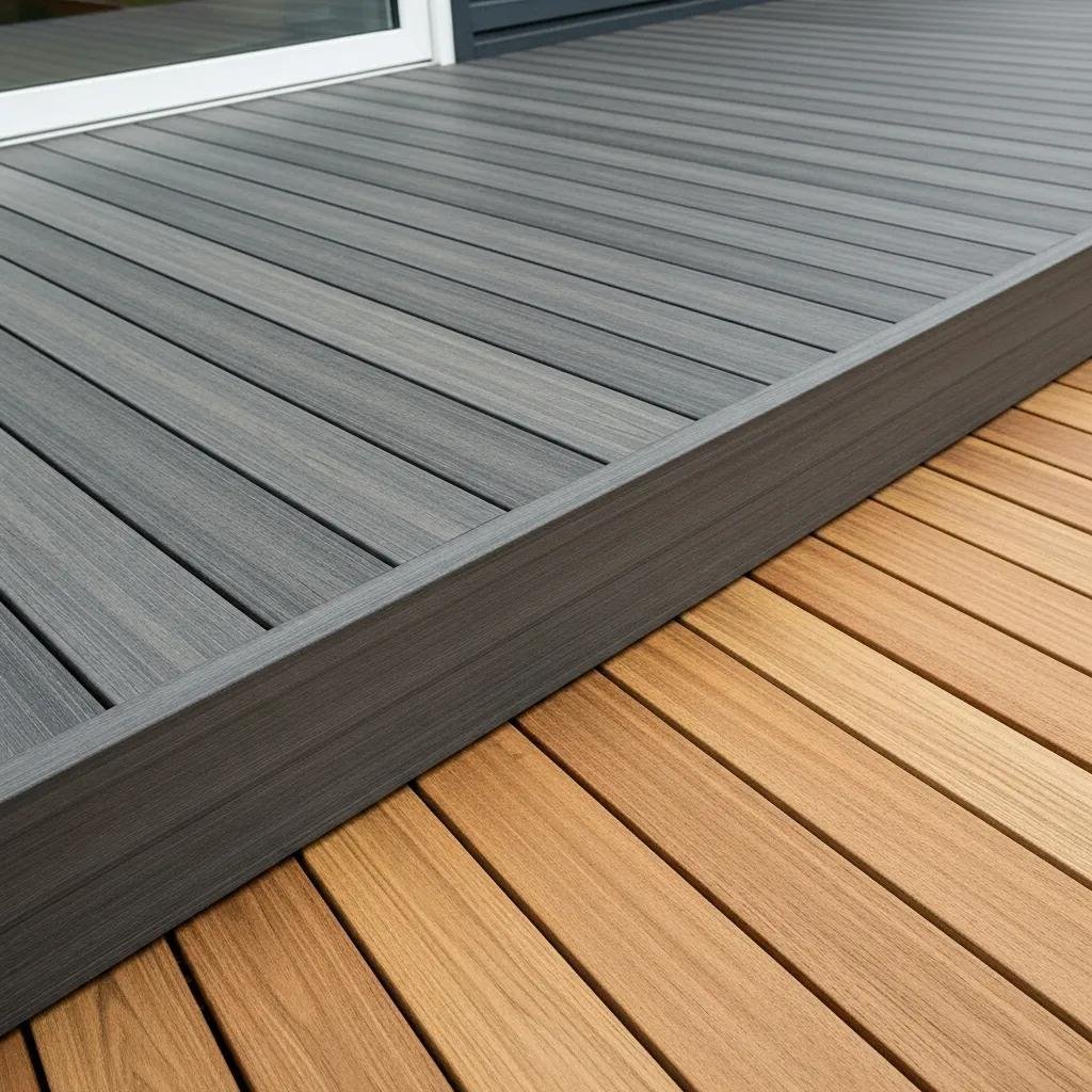 Samples of composite and wood decking displayed outdoors