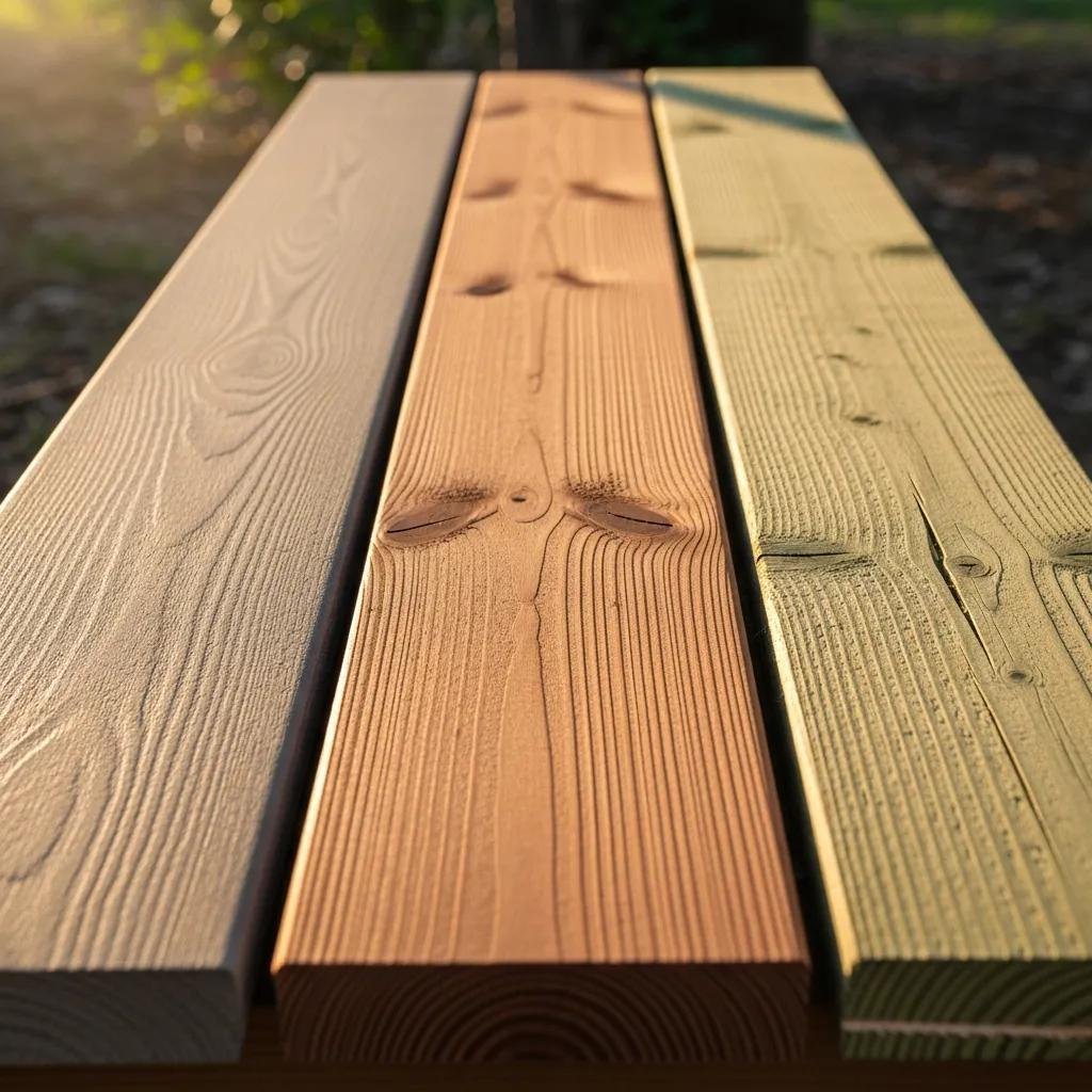 Side-by-side of composite decking, cedar boards, and pressure-treated wood outdoors
