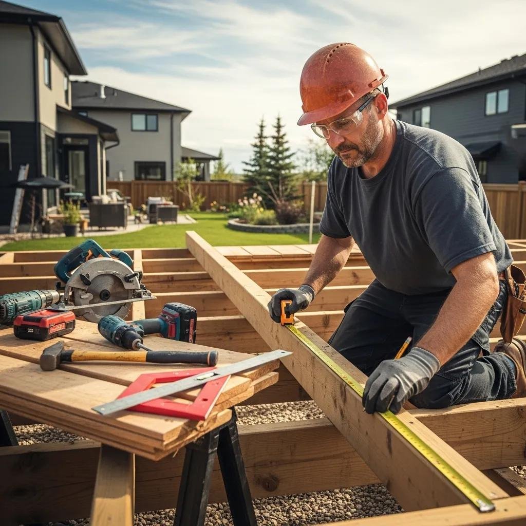 Contractor measuring a wooden deck frame during construction