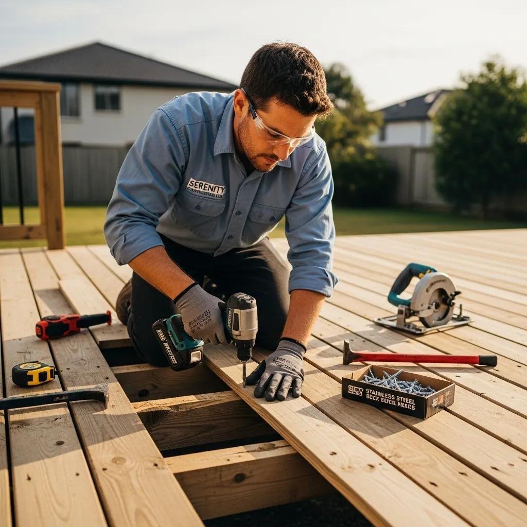 Contractor replacing warped deck boards during repair service