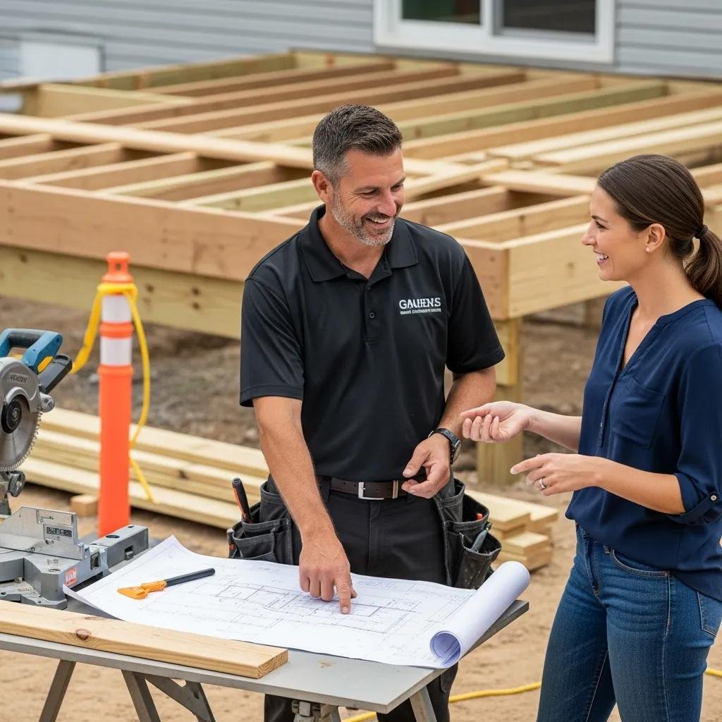 Deck builder and homeowner discussing project plans on site