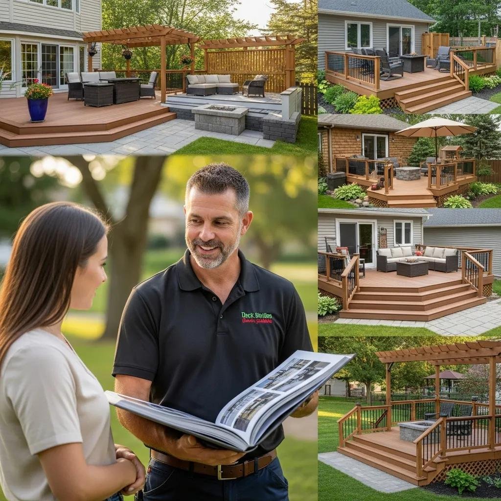Deck builder showing a printed portfolio of completed projects to a homeowner outdoors