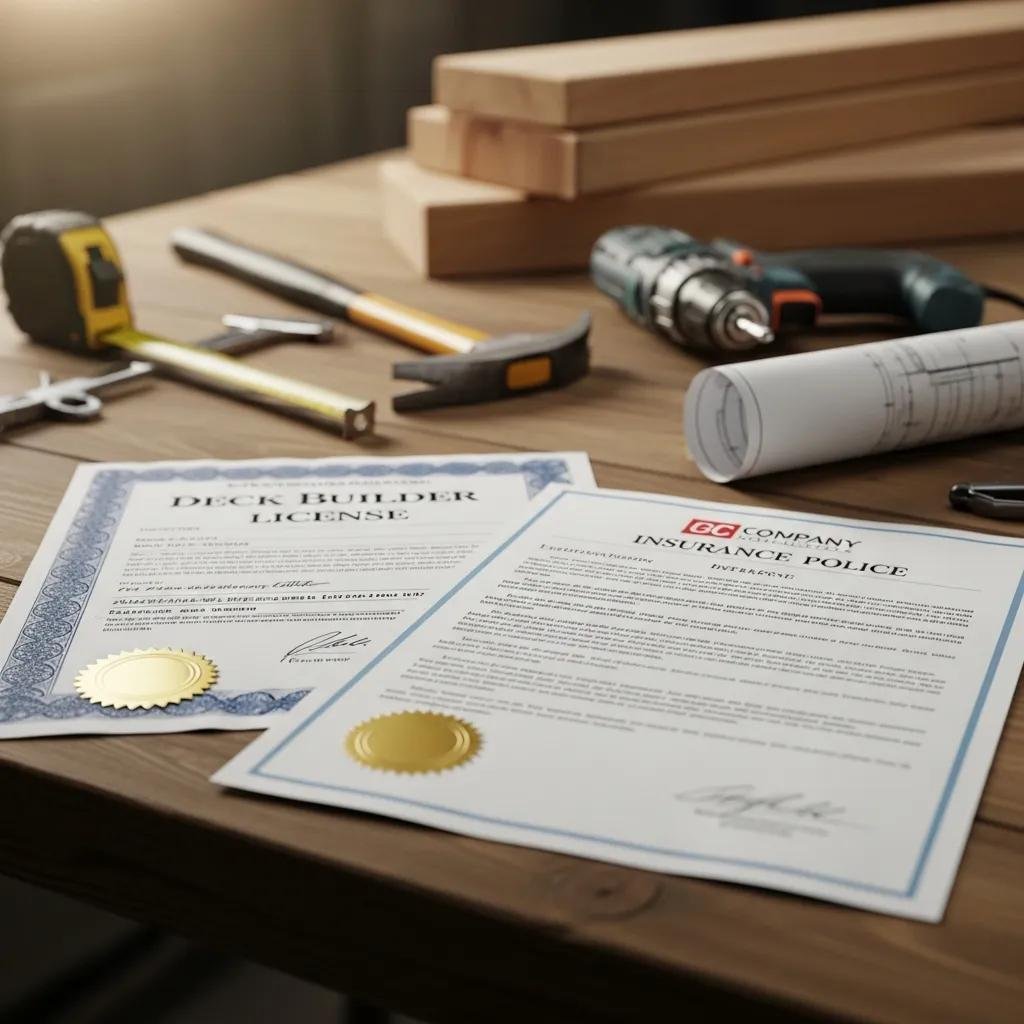 License and insurance documents laid out with construction tools