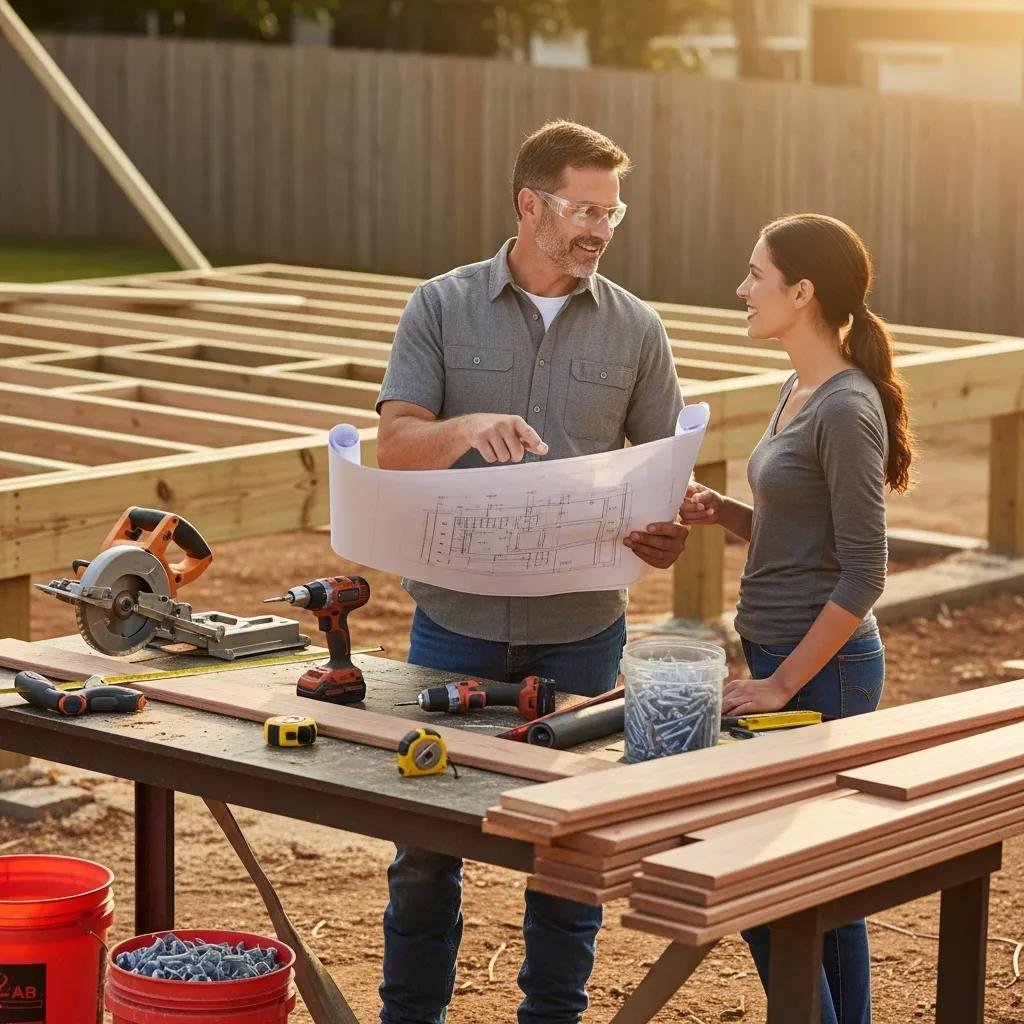 Deck contractor and homeowner discussing deck plans at a construction site