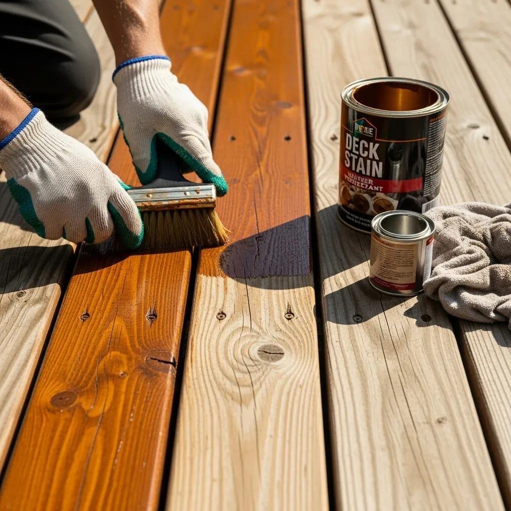 Homeowner applying protective stain to wooden deck for maintenance