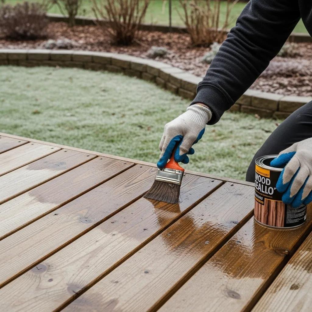 Homeowner applying sealant to a wooden deck during maintenance