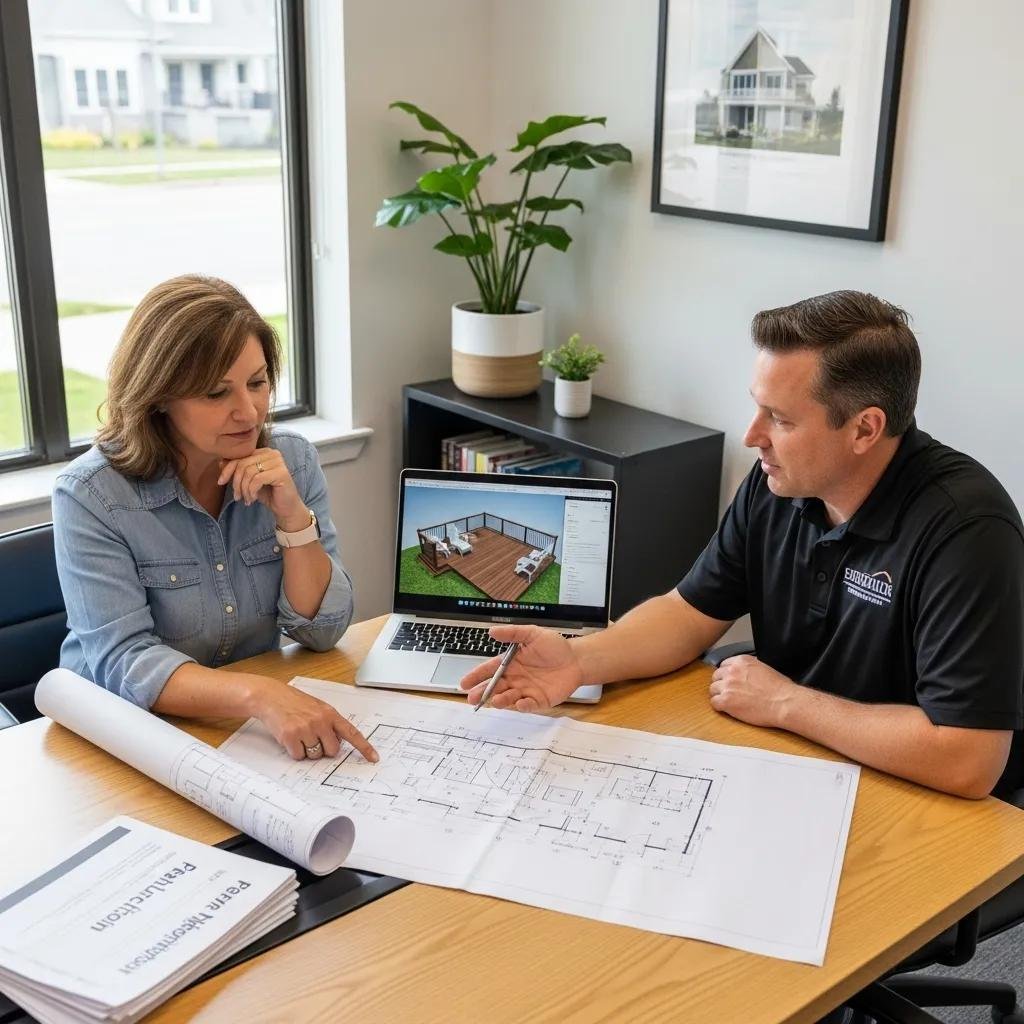 Homeowner and contractor reviewing deck plans — focus on permits and compliance