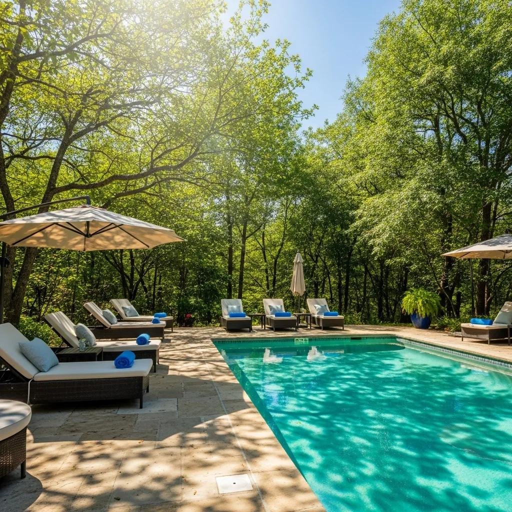 Beautifully constructed pool deck with lounge chairs and a sparkling pool, emphasizing outdoor relaxation