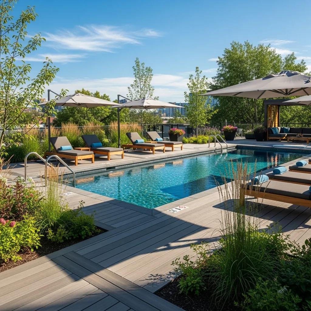 Beautifully designed outdoor pool deck in Calgary with modern aesthetics and natural materials