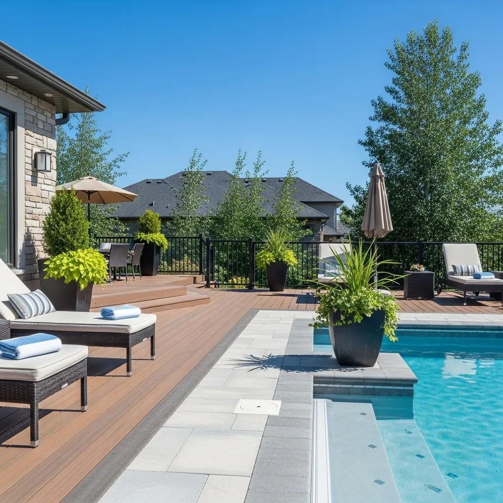 Family enjoying a pool area with composite decking, highlighting its benefits and safety