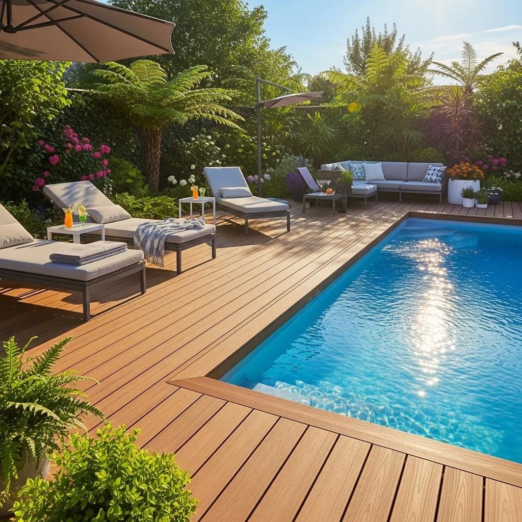 Composite decking pool deck surrounded by greenery and a sparkling pool, emphasizing durability and aesthetic appeal