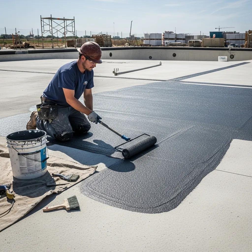 Construction worker applying waterproof membrane to a pool deck, highlighting advanced waterproofing techniques
