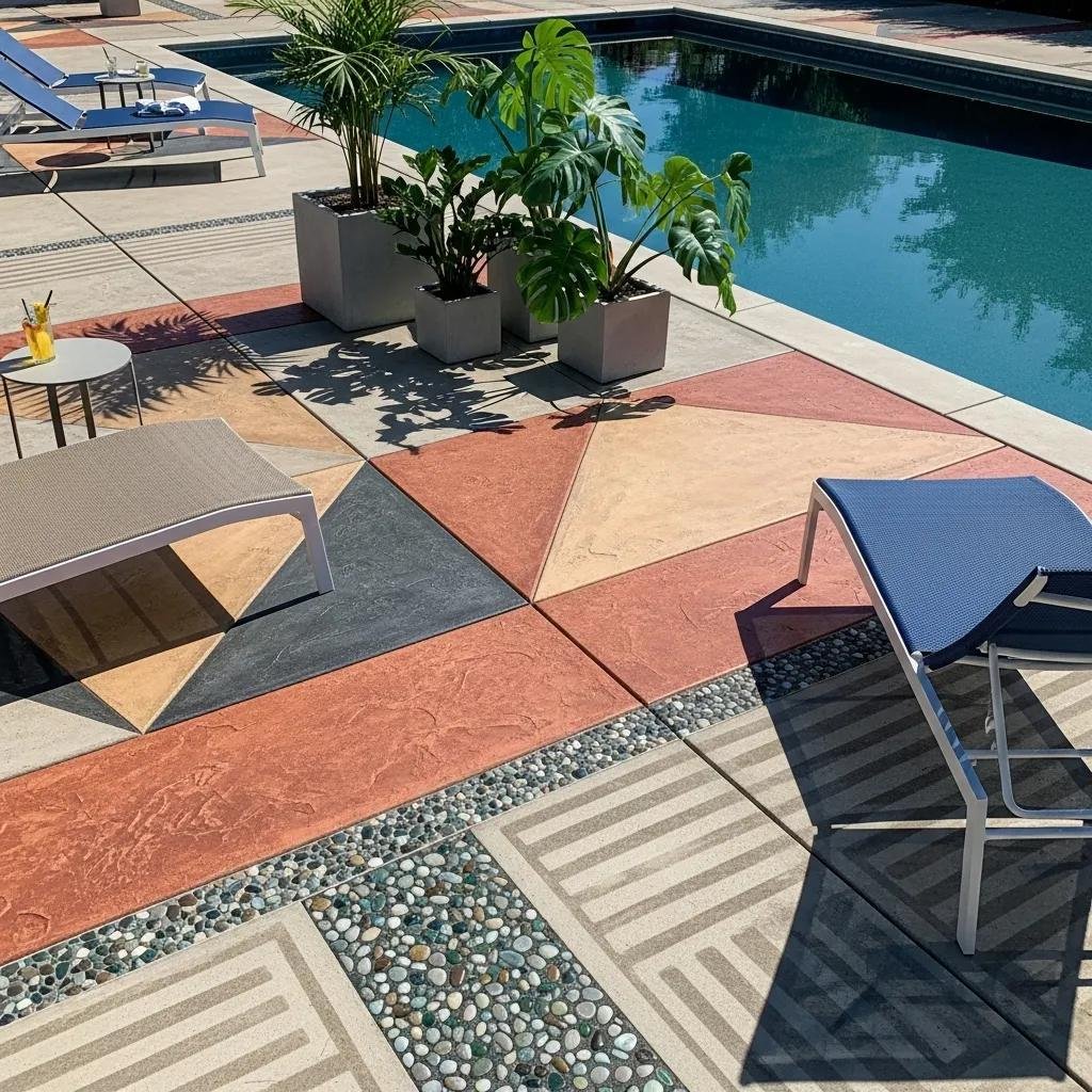 Customized concrete pool deck with unique textures and colors, showcasing durability and design flexibility