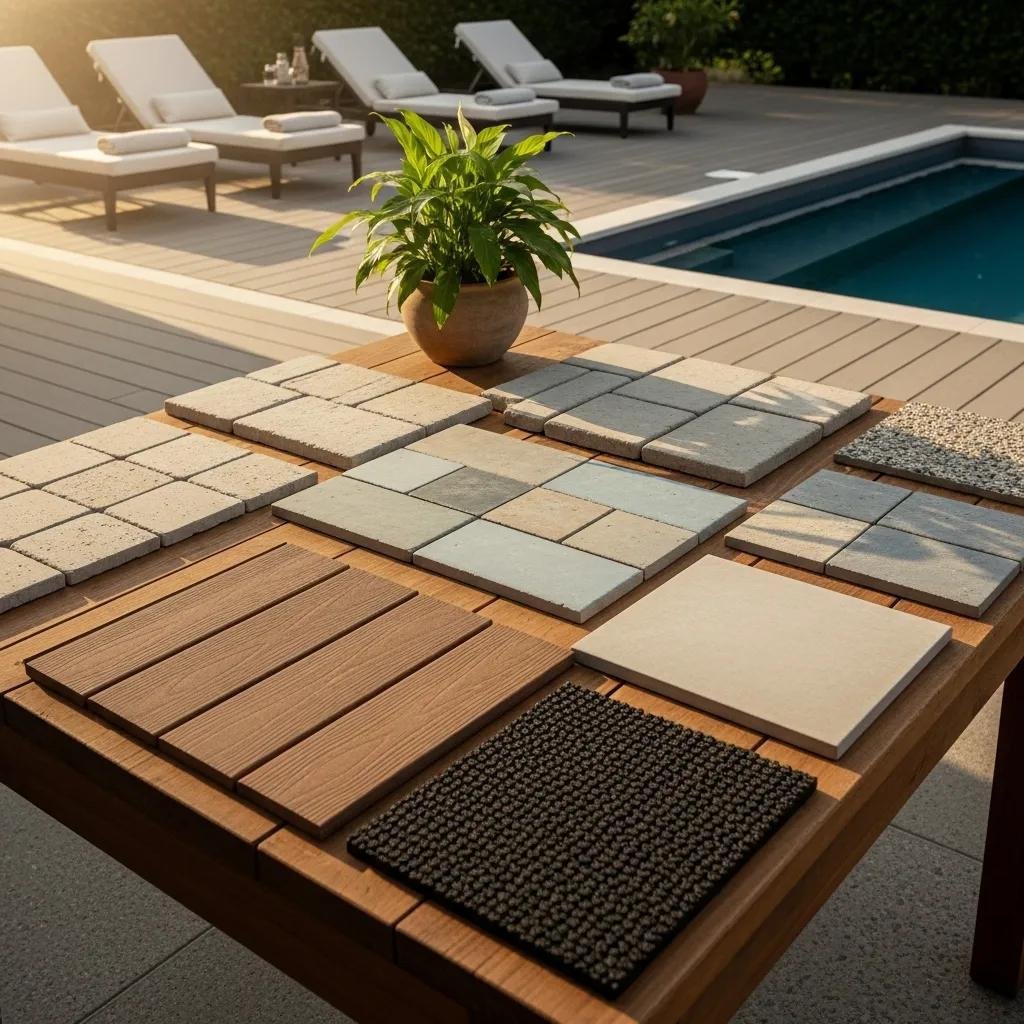 Display of various pool deck materials including eco-friendly and composite options