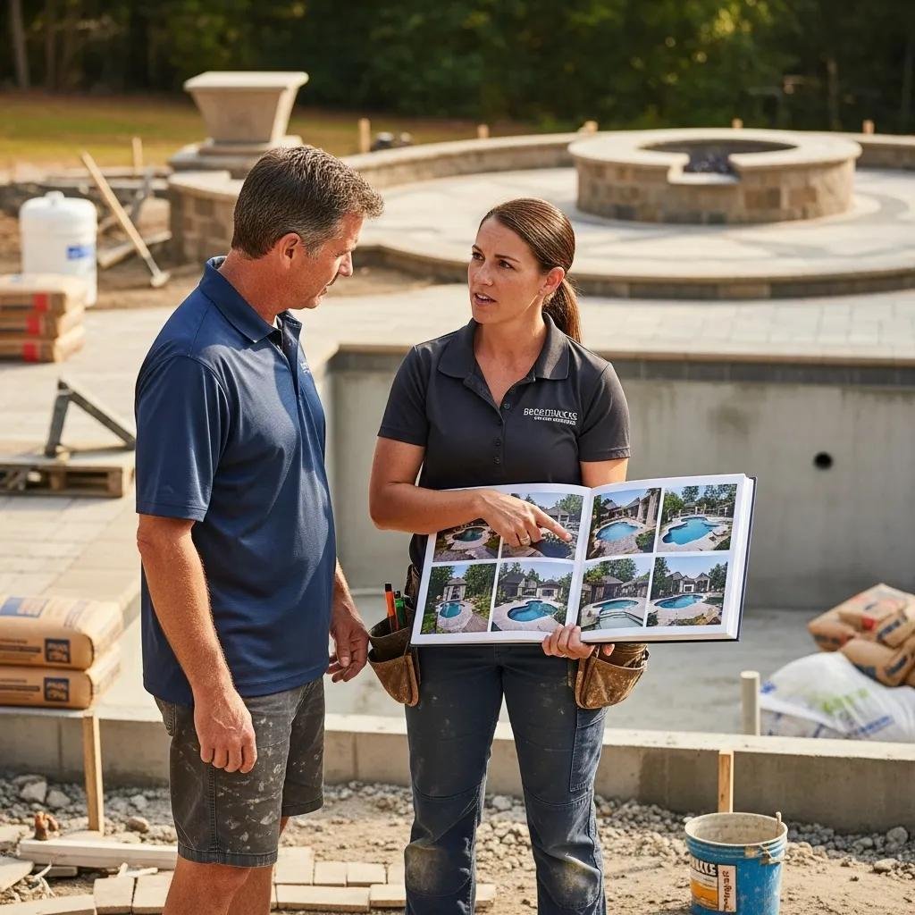 Homeowner discussing project details with a pool deck contractor, showcasing trust and professionalism