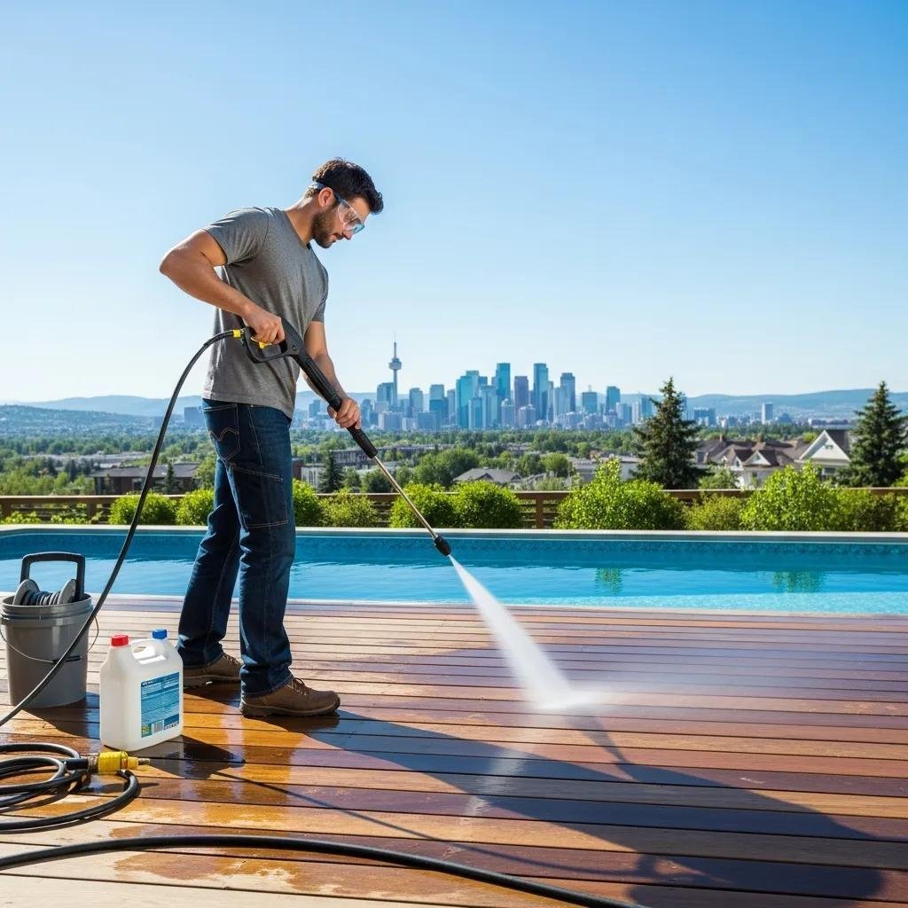 Homeowner performing maintenance on a pool deck in Calgary, using a pressure washer on a sunny day