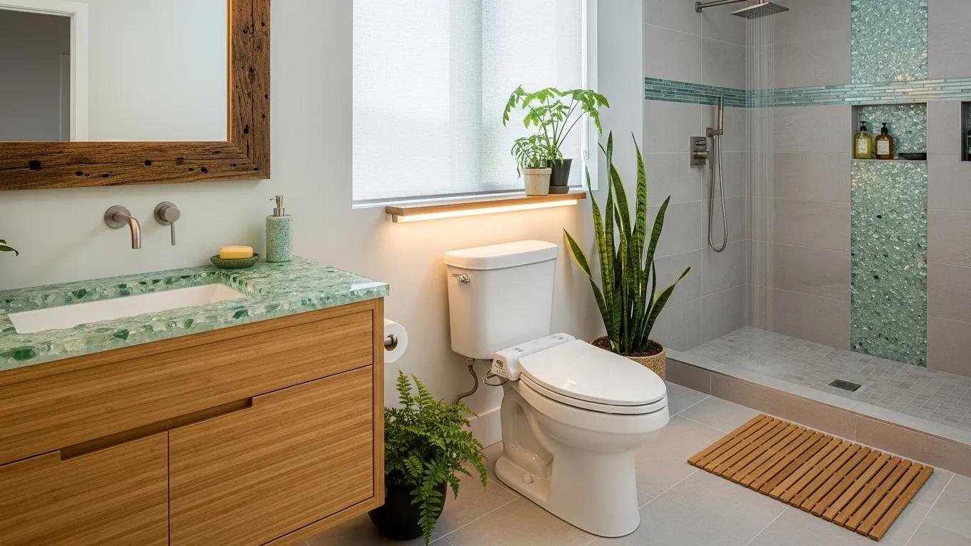 Eco-friendly bathroom features with energy-efficient fixtures and sustainable materials