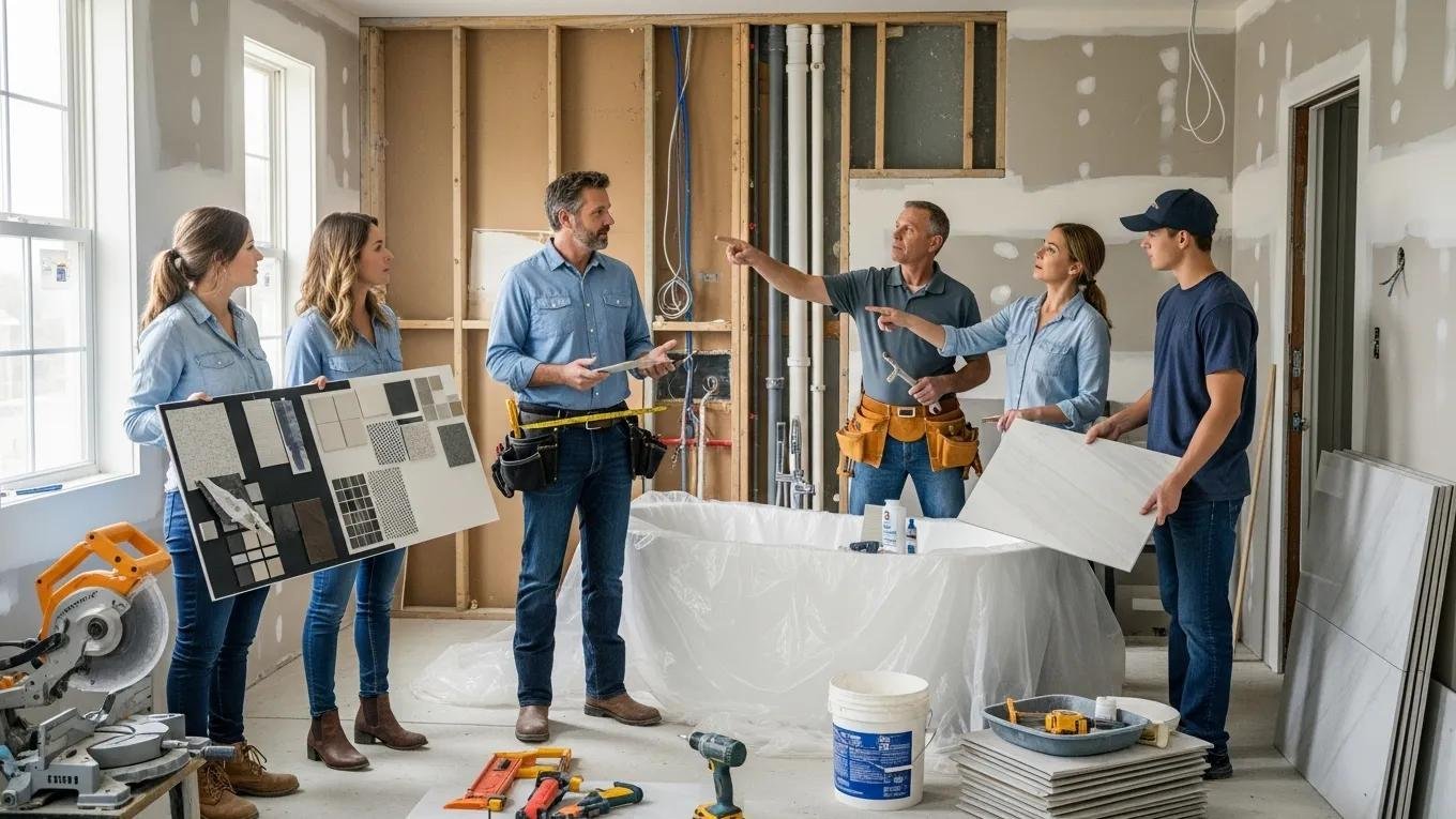 General contractor coordinating with specialists during a bathroom renovation