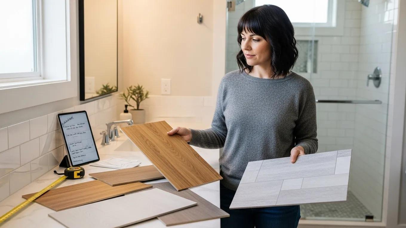 Homeowner exploring cost-effective bathroom remodeling materials