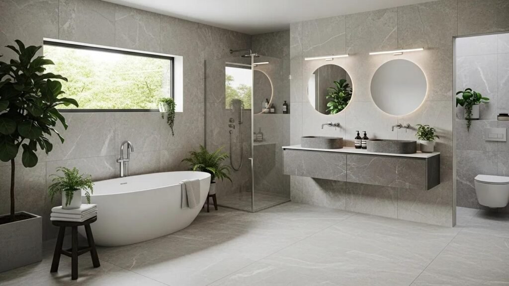 Modern bathroom design featuring natural stone and eco-friendly fixtures