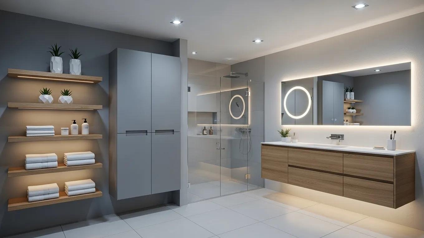 Modern bathroom with effective lighting and innovative storage solutions